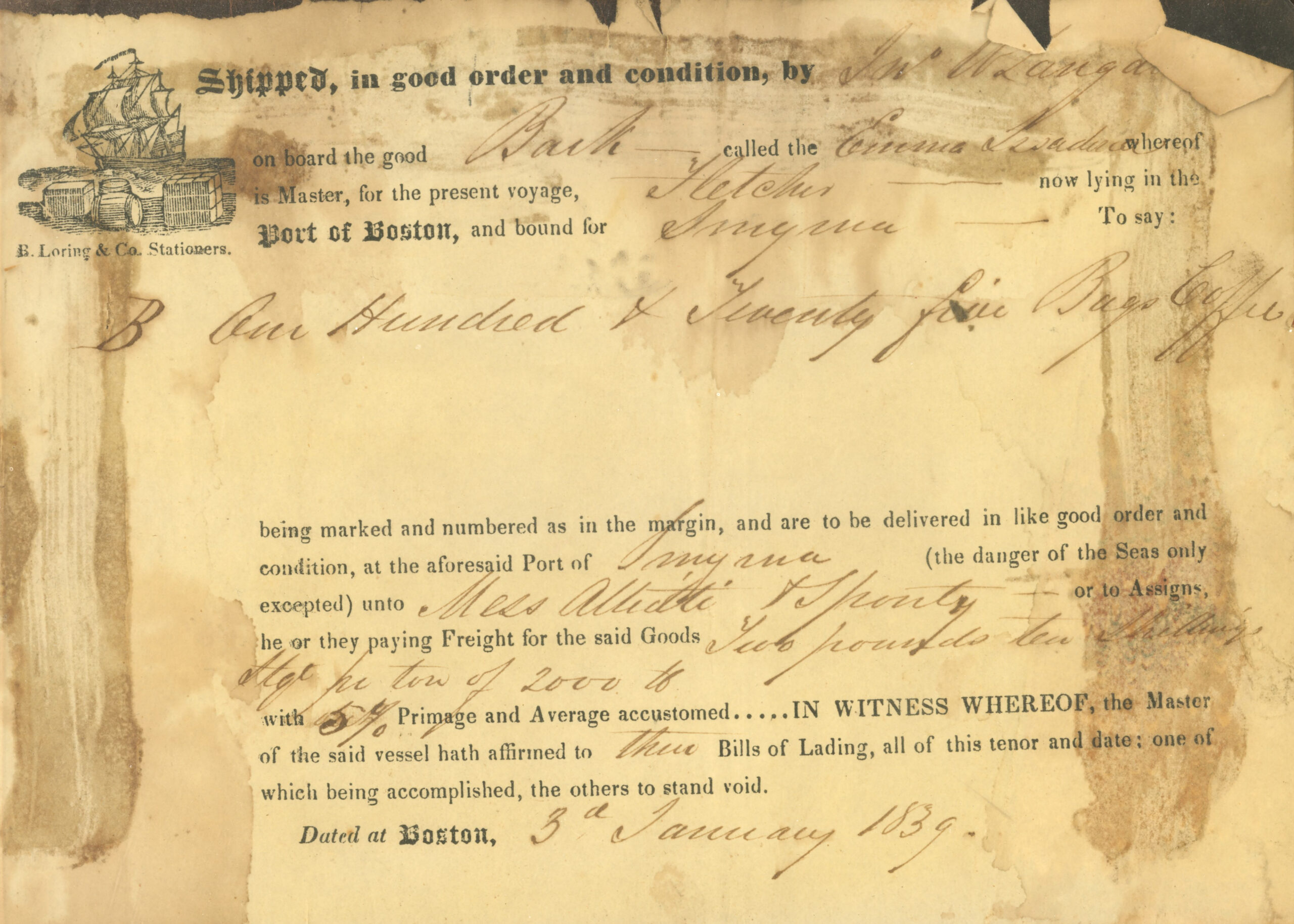 Bolla di carico, Boston, 3 gennaio 1839