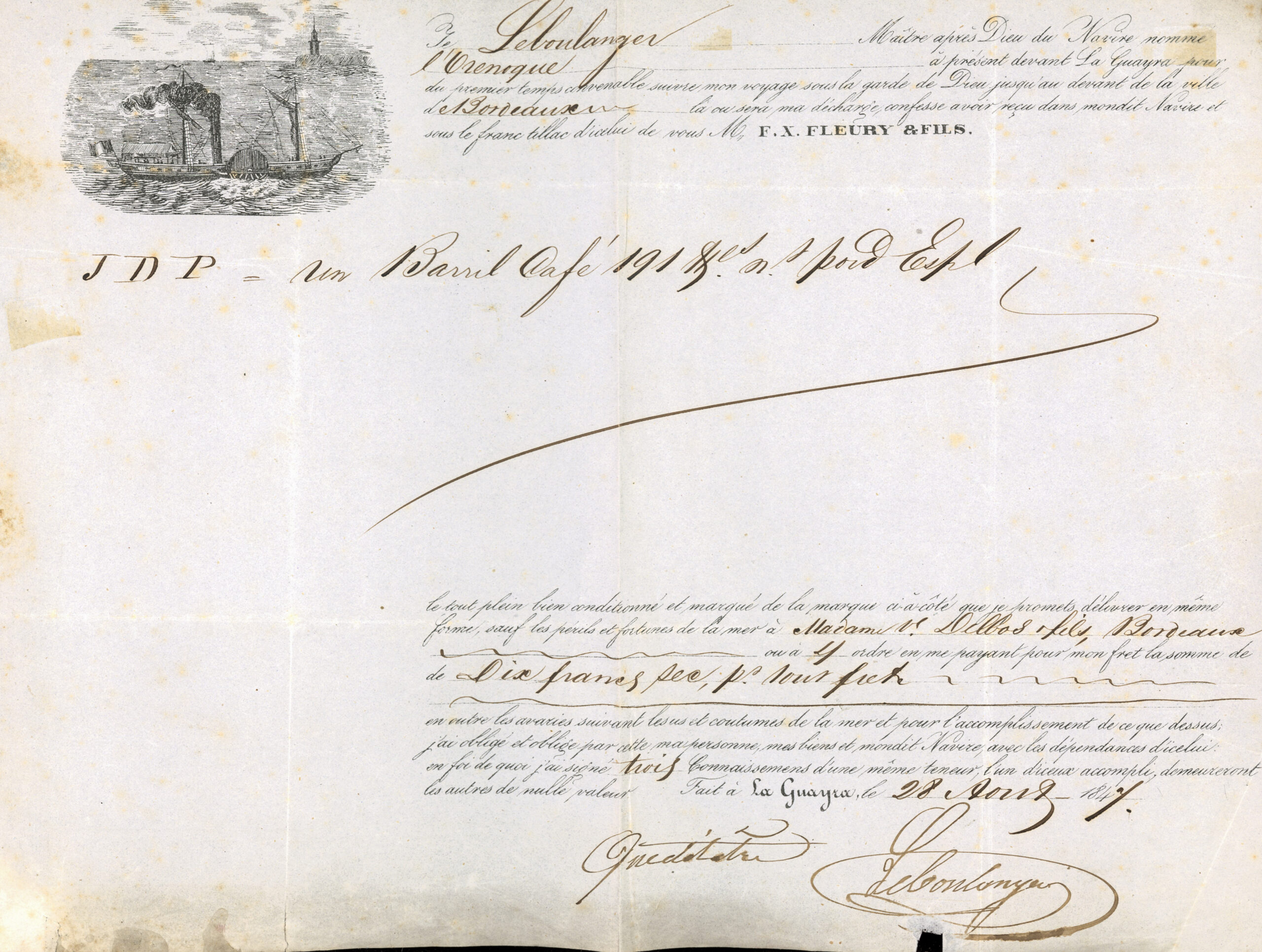 Bolla di carico, La Guayra, 28 aprile 1847