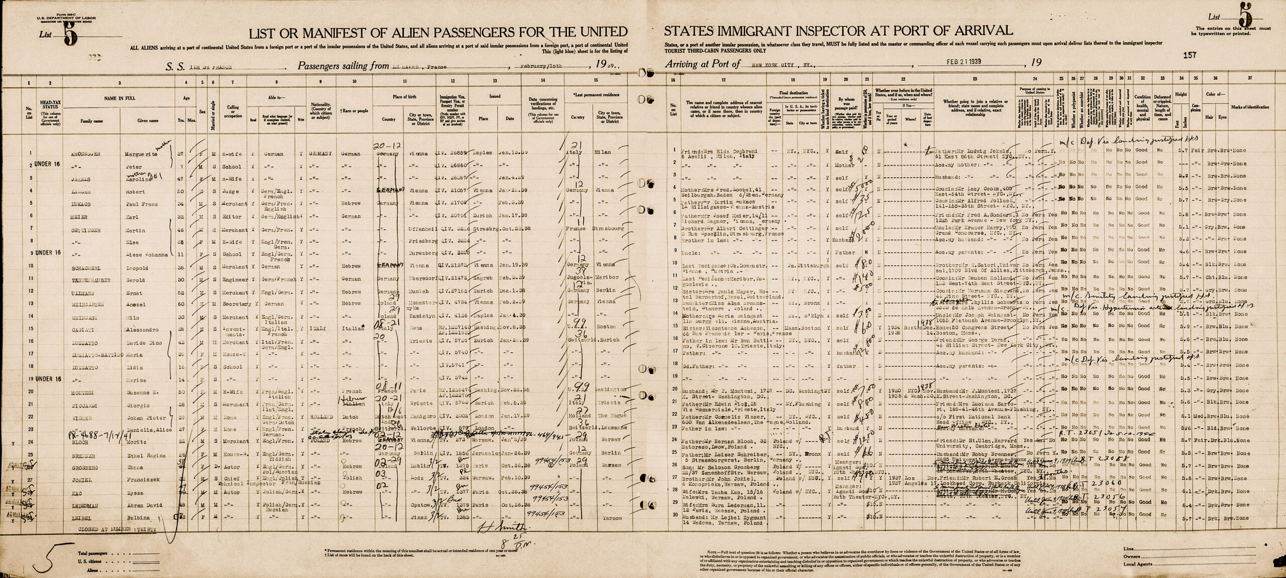 Lista dei passeggeri arrivati a Ellis Island, 21 febbraio 1939